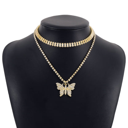 N1888 Sweet Small Fashion Necklace Butterfly Full Diamond Temperament Elegant Retro Double Layer Necklace