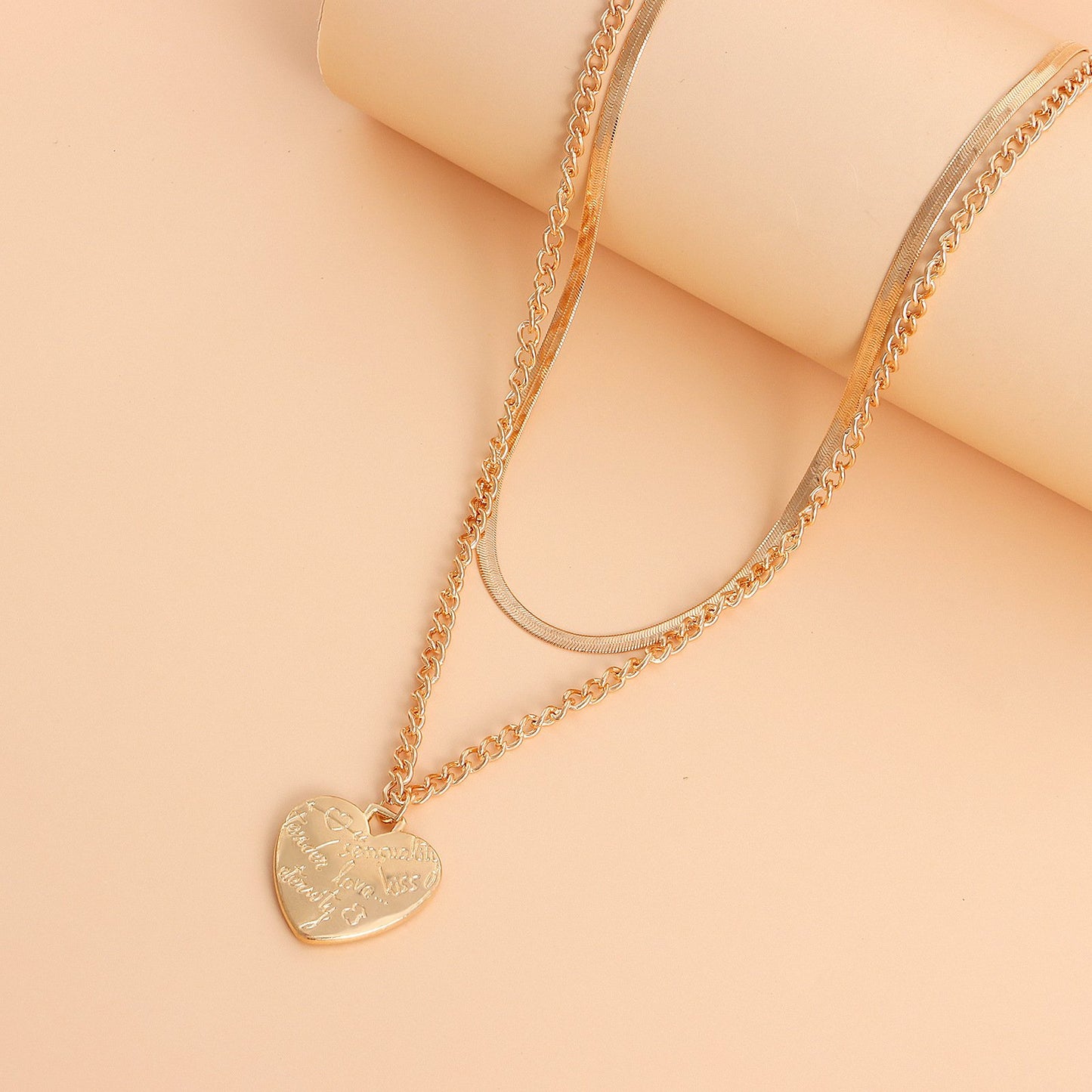 Custom Jewelry Fashion Double Flat Snake Chain LOVE Heart Pendant Necklace Female Niche Design Sense Necklace