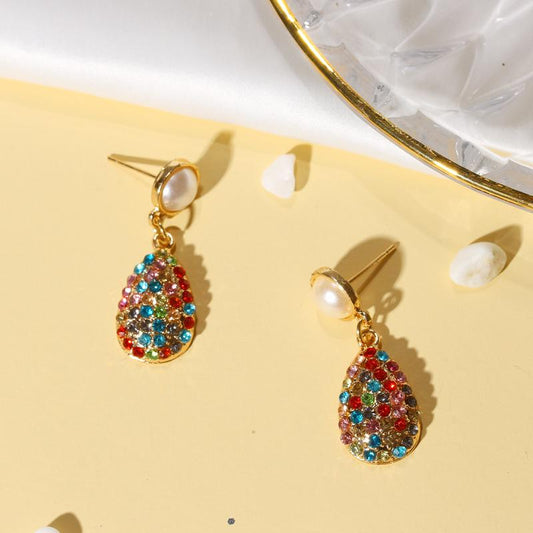 Retro Earrings Colorful Diamond Drop-shaped Pearl Stud Earrings Earrings Court Lady Temperament Earrings