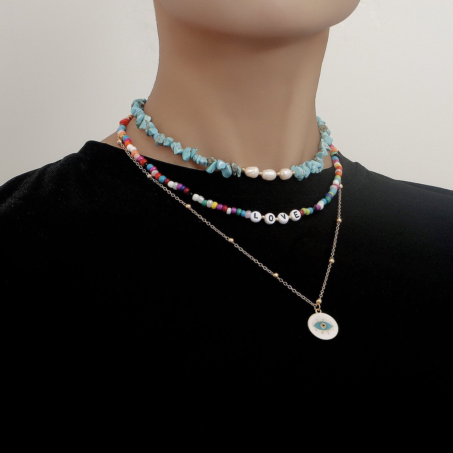 Jewelry multi-layer color rice beads turquoise devil's eye pendant necklace fashion cold necklace
