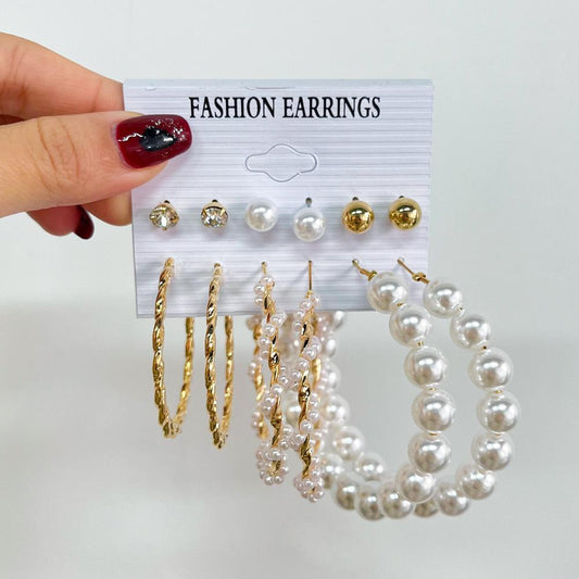 Pearl Earring Set Fashion Butterfly Earrings Metal Geometric Hoop Earrings Six-Piece Set