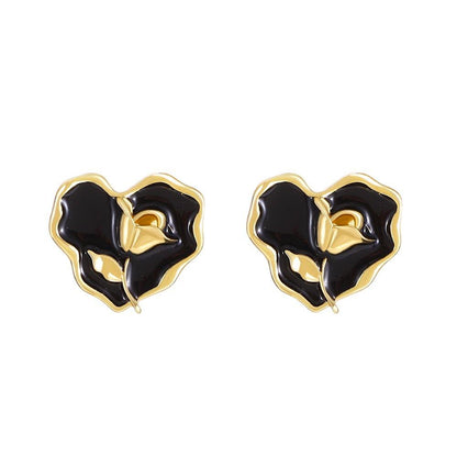 Ins tulip pleated love earrings female retro fashion niche design dripping oil black heart-shaped earrings