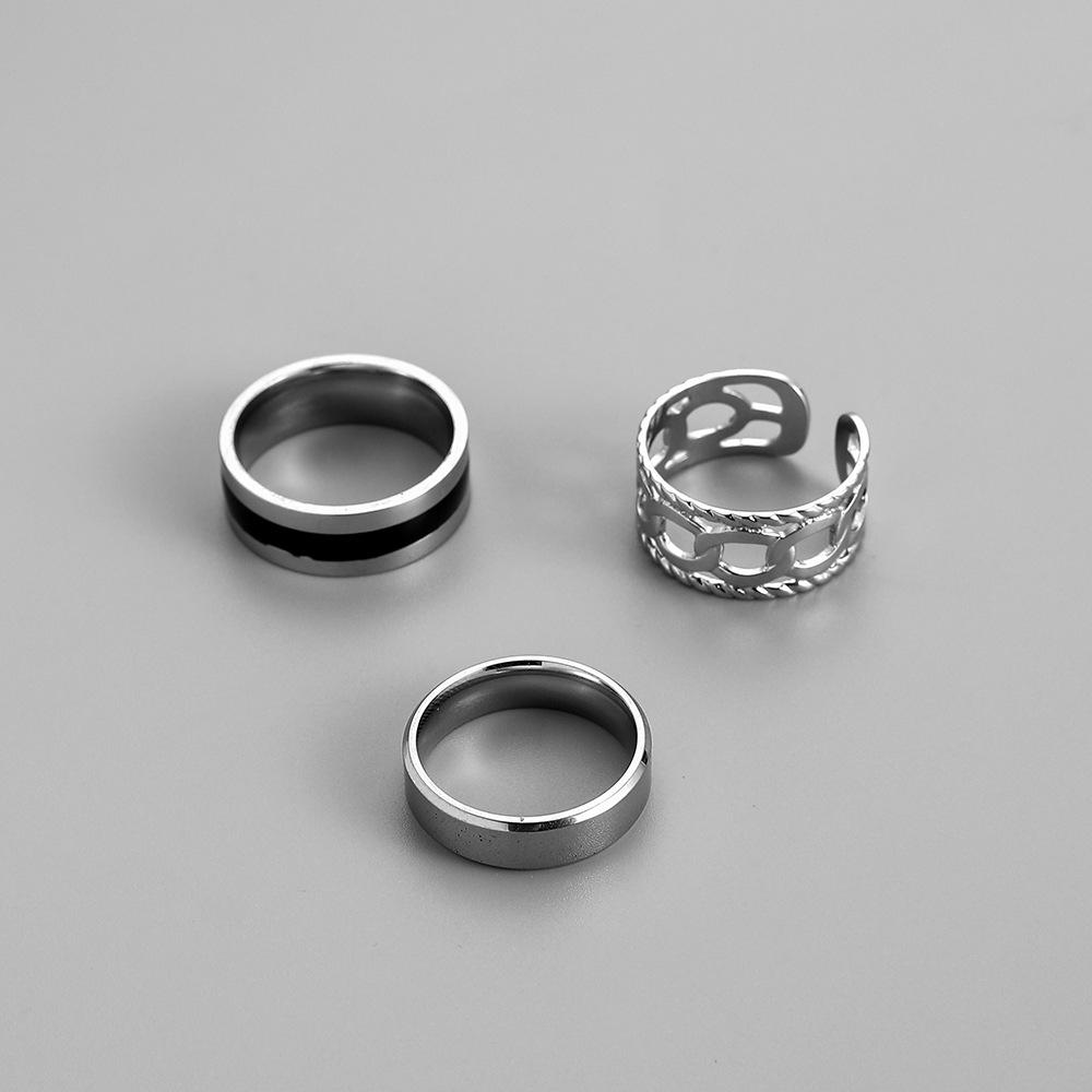 Fashion Simple Domineering Personality Trend Men's Stainless Steel Chain Stripe Black Drip Oil Ring Set Decoration