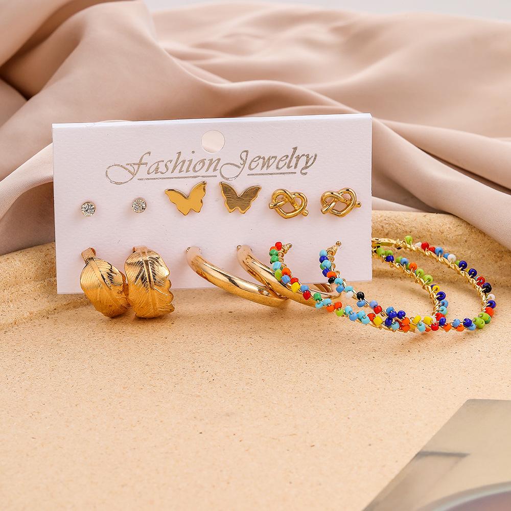 Trendy colored rice beads leaves butterfly heart C-shaped earrings earrings set bohemian earrings