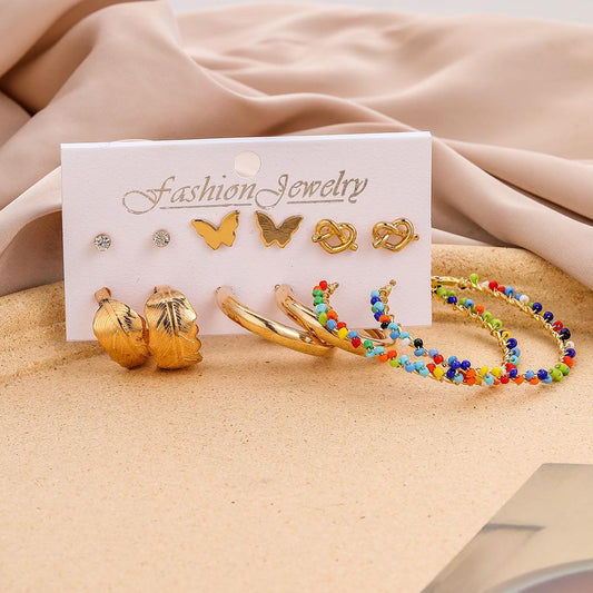 Trendy colored rice beads leaves butterfly heart C-shaped earrings earrings set bohemian earrings