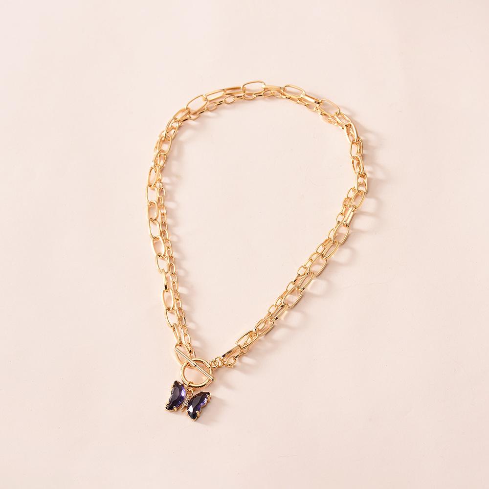 Copper micro-inlaid dream transparent color crystal butterfly pendant fashion double chain OT buckle necklace for women