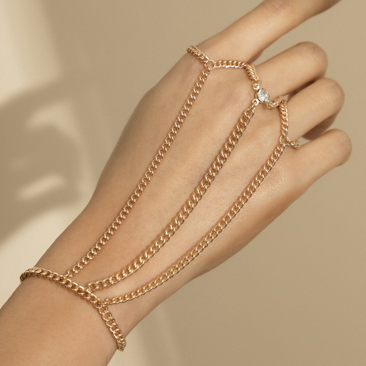 Retro Simple Thin Chain Inlaid Rhinestone Finger Bracelet Women's Trendy Metal Hand Back Chain Multilayer Jewelry