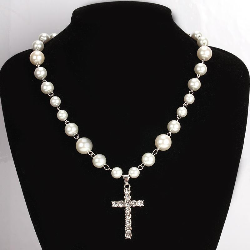 Stainless Steel Clavicle Chain Glass Pearl Set Diamond Cross Pendant Decorative Necklace