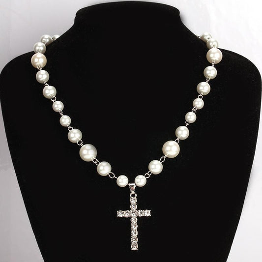 Stainless Steel Clavicle Chain Glass Pearl Set Diamond Cross Pendant Decorative Necklace