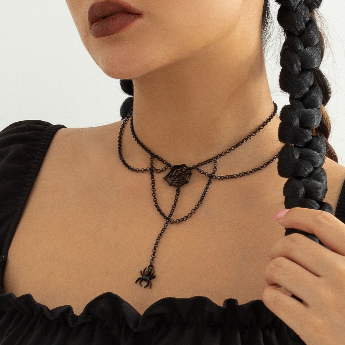 Jewelry Halloween Sweet Cool Spider Spider Web Necklace Female Simple Chain Tassel Black Necklace