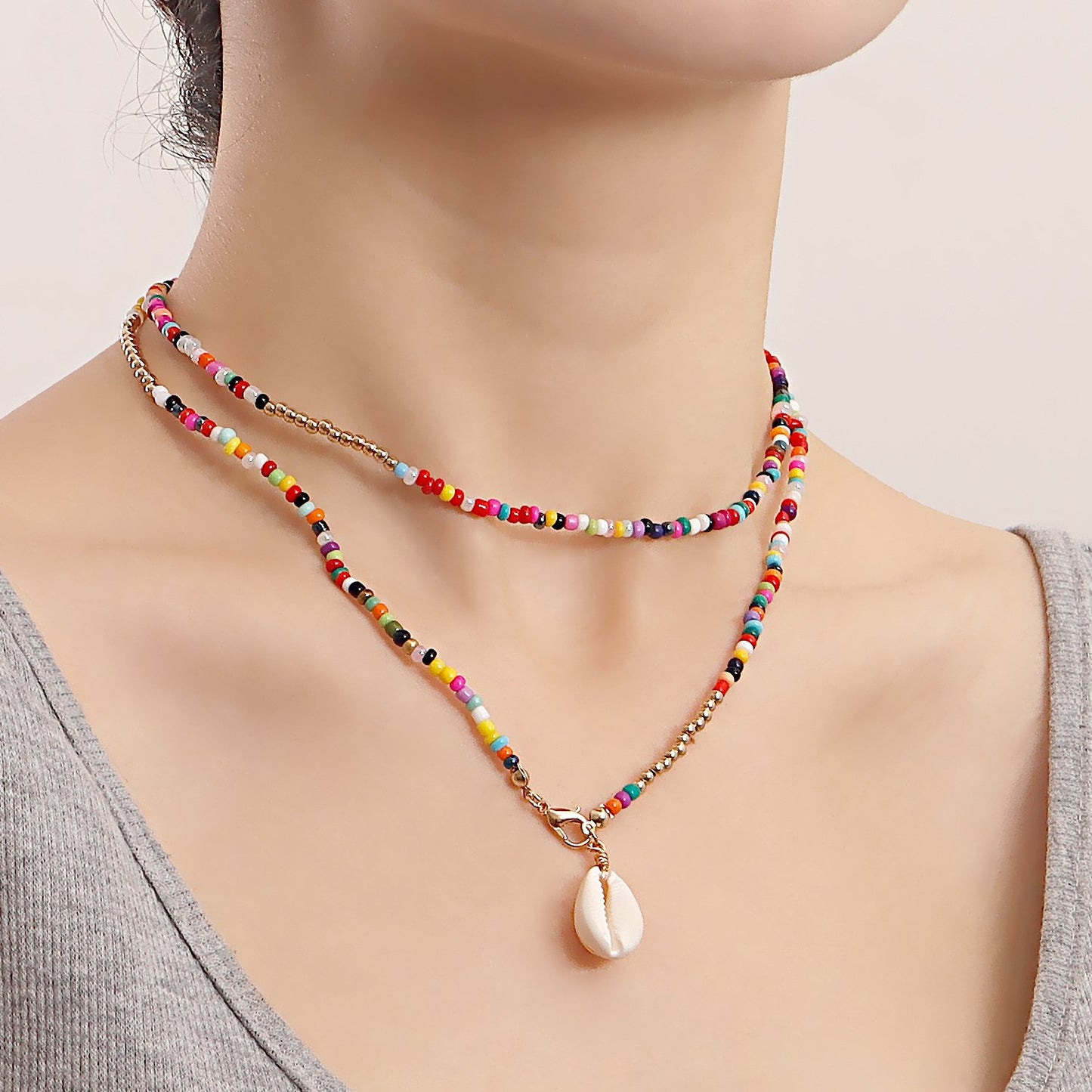 Jewelry bohemian double-layer color rice bead shell necklace female ins beach