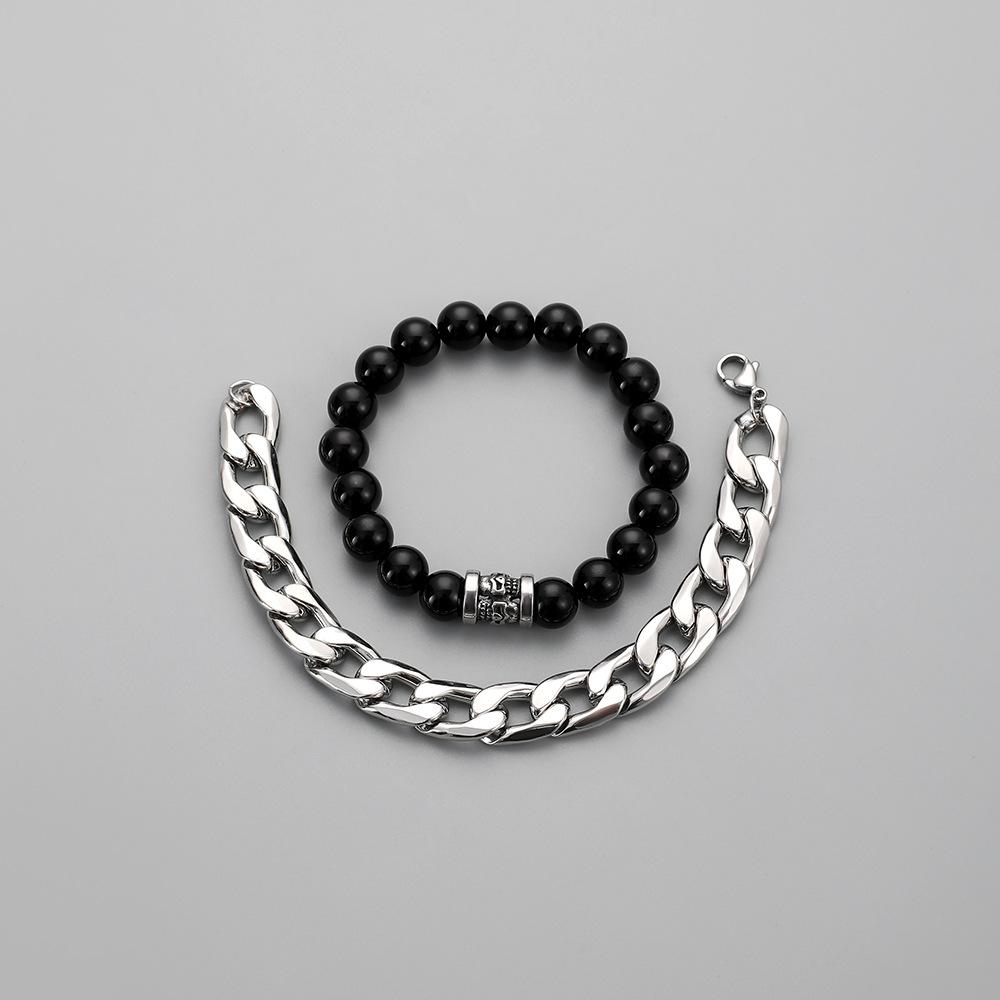 Men's Punk Temperament Street Domineering Personality Fashion Black Beaded Skull Thick Chain Bracelet Set