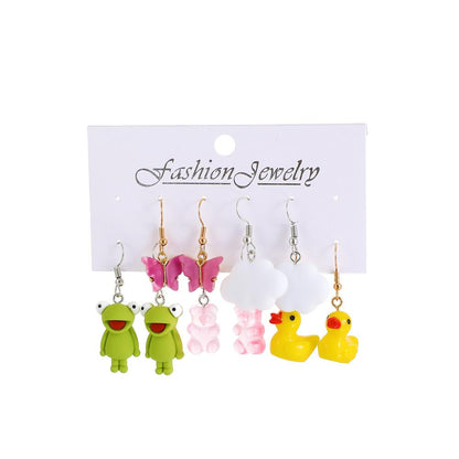Sweet Cool Acrylic Earring Set Fashion Cartoon Butterfly Frog Little Yellow Duck Earrings Set of 5