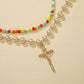 Necklace Personalized Colorful Rice Bead Necklace Fashion Double Layer Pearl Cross Trend Metal Necklace