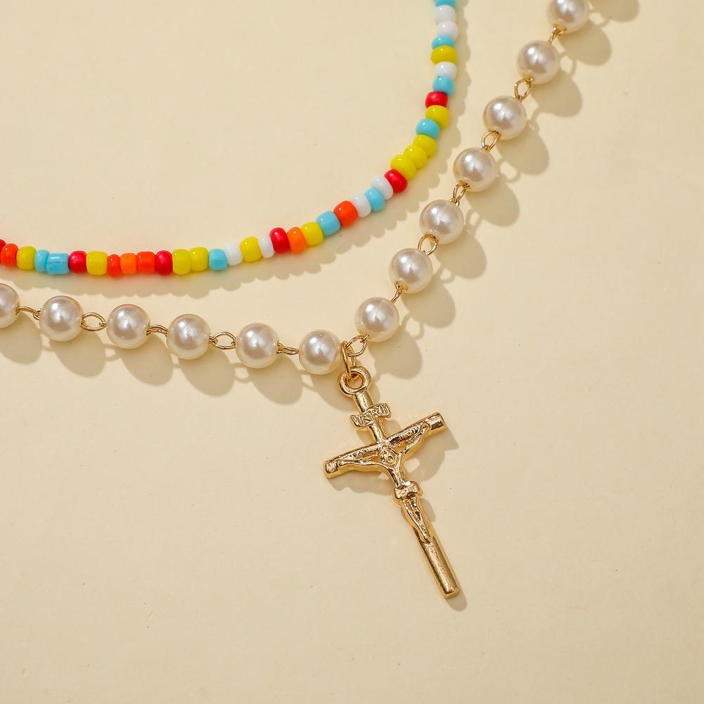 Necklace Personalized Colorful Rice Bead Necklace Fashion Double Layer Pearl Cross Trend Metal Necklace