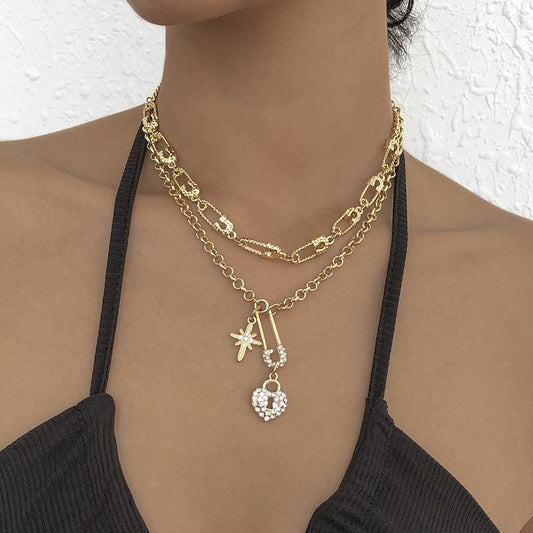 N8838 Jewelry paper clip love full of diamond temperament necklace female creative double-layer trendy necklace