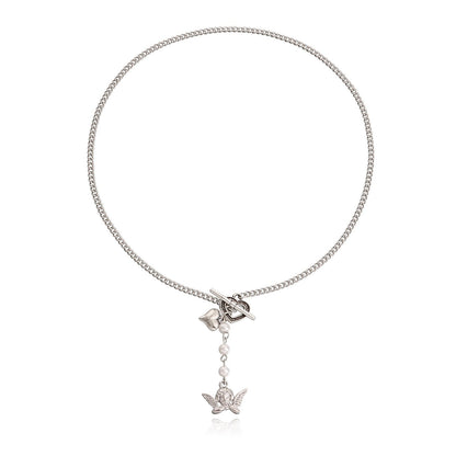 Jewelry Retro Little Angel Geometric Necklace Female Ins Temperament Imitation Pearl Love Tassel Necklace