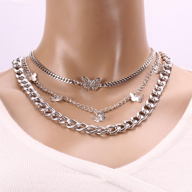 Retro Thick Chain Double Layer Butterfly Pendant Female Geometric Creative Elements Fashion Trend Necklace