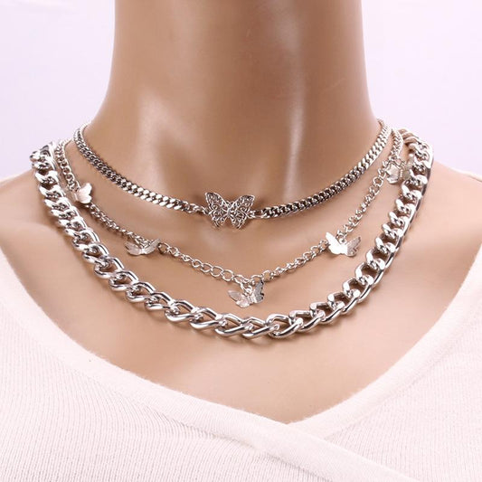 Retro Thick Chain Double Layer Butterfly Pendant Female Geometric Creative Elements Fashion Trend Necklace