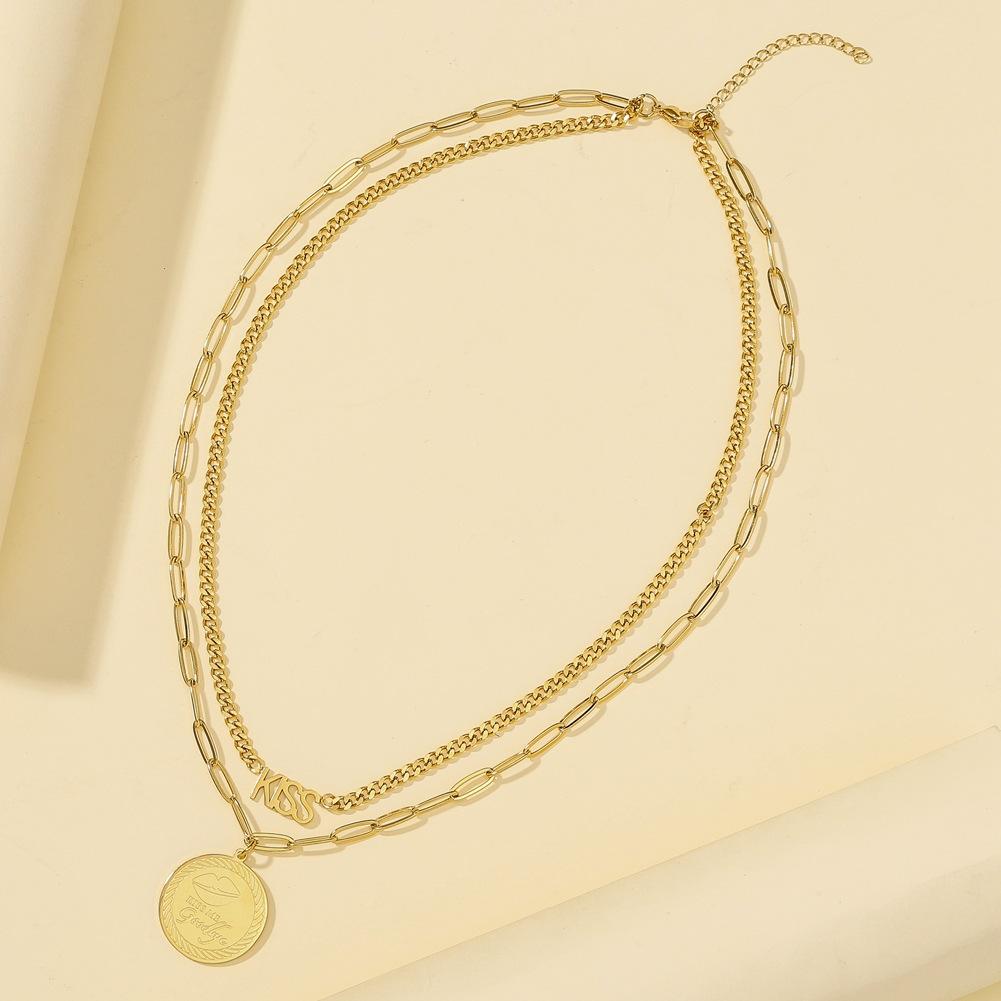 Titanium steel non-fading double-layer stacked letter round necklace KISS pendant collarbone chain versatile adjustable sweater chain