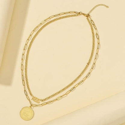 Titanium steel non-fading double-layer stacked letter round necklace KISS pendant collarbone chain versatile adjustable sweater chain