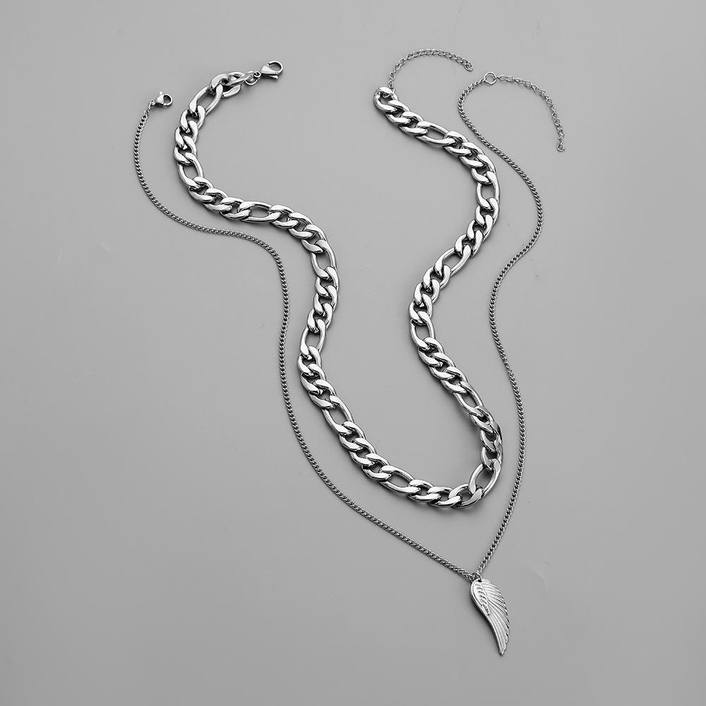 Fashion Men Domineering Trend Cool Simple Stainless Steel Double Chain Wings Pendant Necklace Street