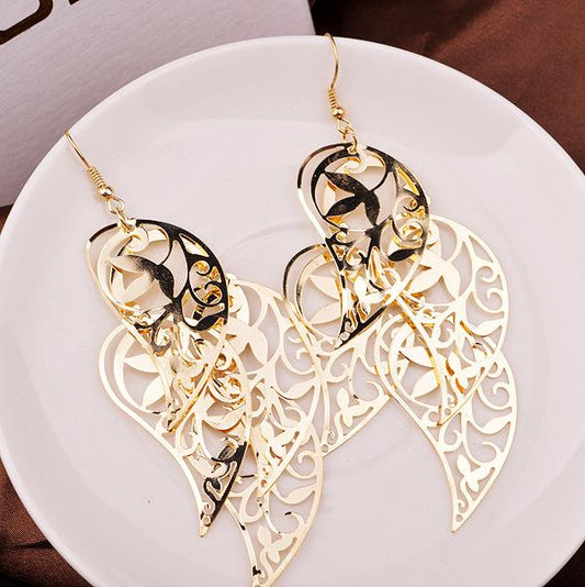 Hollow water drop leaf metal sheet earrings temperament ladies night party earrings