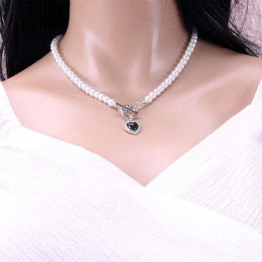 Love black agate OT buckle cold pearl stainless steel necklace light luxury design net red collarbone chain female