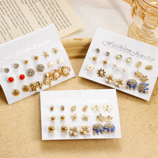 Simple Set Earrings Creative Cute Elephant Pearl Earrings Feminine Earrings Nine Pairs of Earrings
