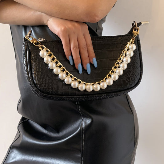 Fashion Trend Aluminum Chain Handbag Beaded Shoulder Chain Retro Simple Pearl Alloy Buckle Bag Chain