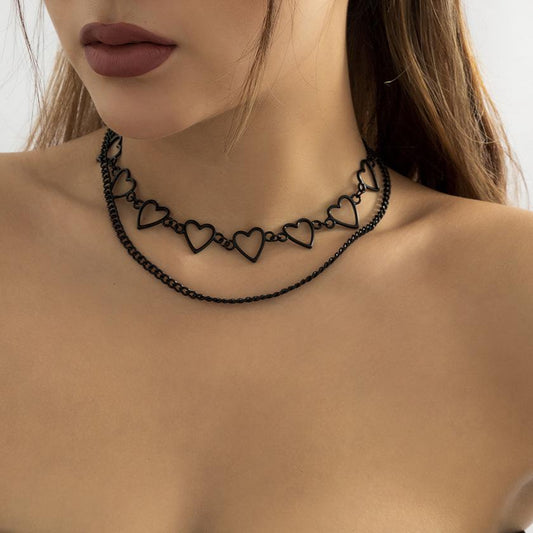 Jewelry Sweet and Cool Black Peach Heart Chain Double Layer Necklace Female Personality Geometric Metal Hollow Necklace