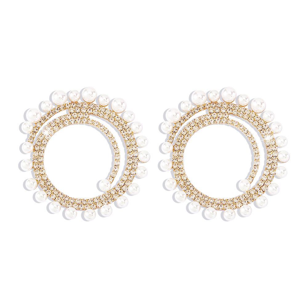 E1263 Jewelry Personality Diamond Round Earrings Exaggerated Night Light Luxury Imitation Pearl Earrings Women
