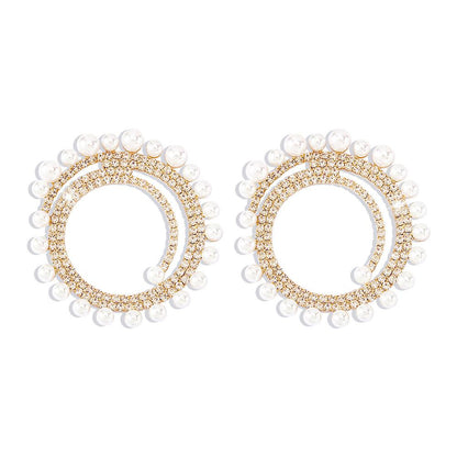 E1263 Jewelry Personality Diamond Round Earrings Exaggerated Night Light Luxury Imitation Pearl Earrings Women