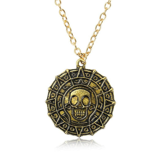 Movie Jewelry Pirates of the Caribbean Necklace Aztec Gold Coin Chain Men's Skull Necklace Pendant