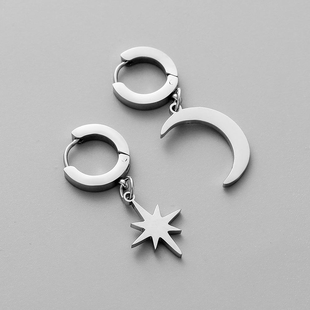 Trendy Personality Men's Simple Fashion Stainless Steel Personality Star Moon Asymmetrical Earrings Jewelry