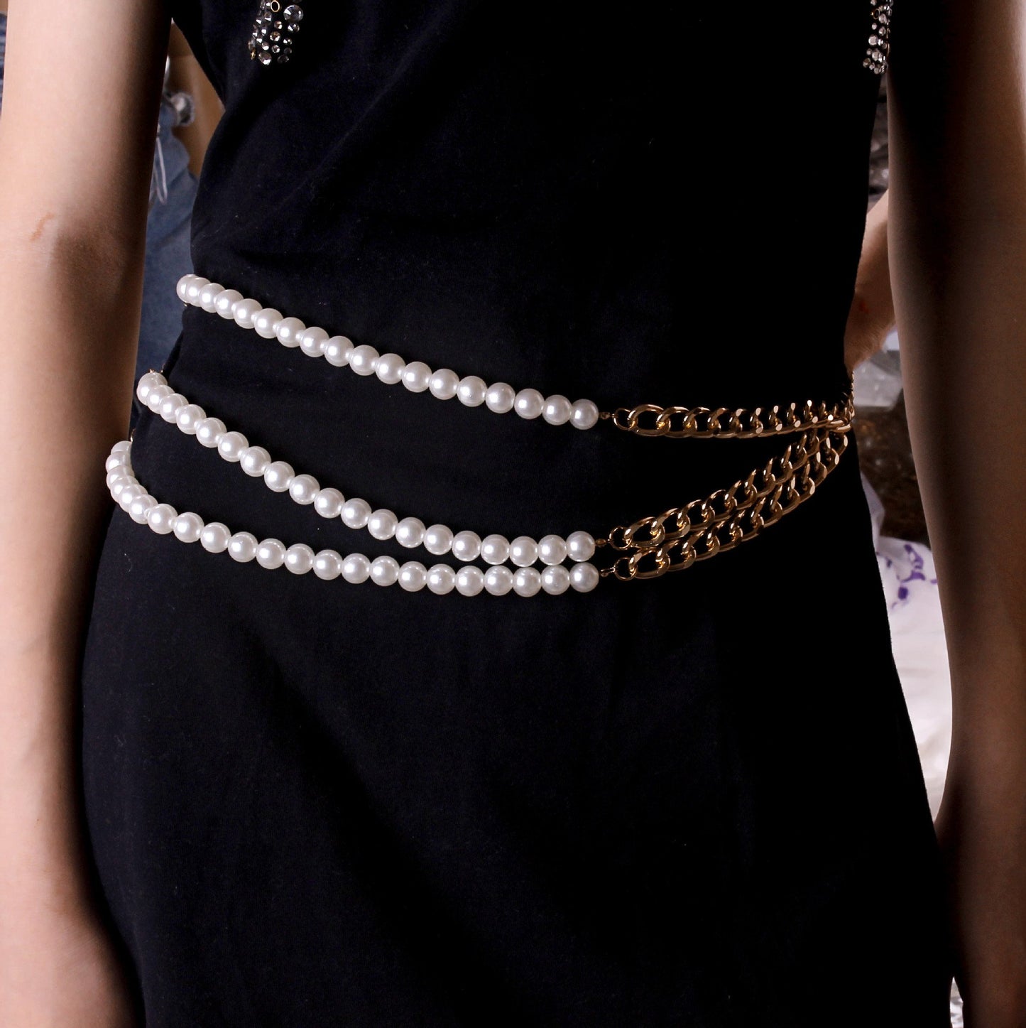 Jewelry Punk Hip Hop Geometric Asymmetric Chain Body Chain Women Retro Imitation Pearl Waist Chain