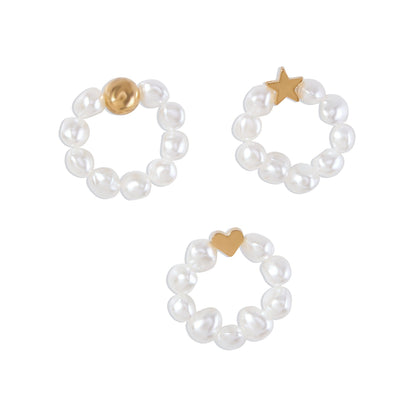R684 Imitation Pearl Elastic Ring Peach Heart Pentagram Geometric Fashion Ring Simple Small Fresh Jewelry