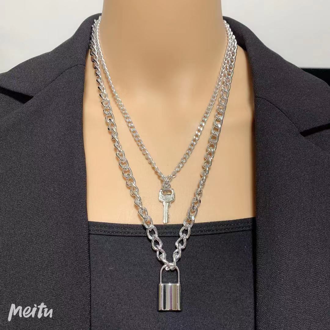 Personality Simple Retro Key Lock Pendant Necklace Punk Jewelry Multilayer Hip Hop Necklace Female