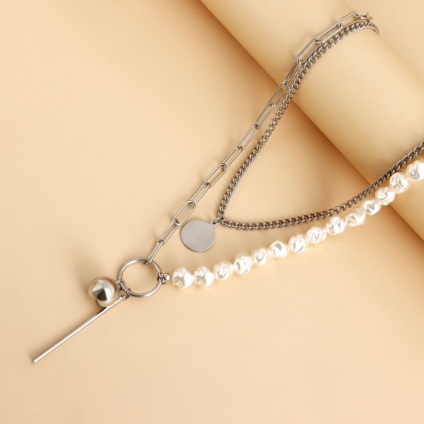 Jewelry Stitching Chain Imitation Baroque Shaped Pearl Necklace Geometric Ball Long Stick Pendant Necklace