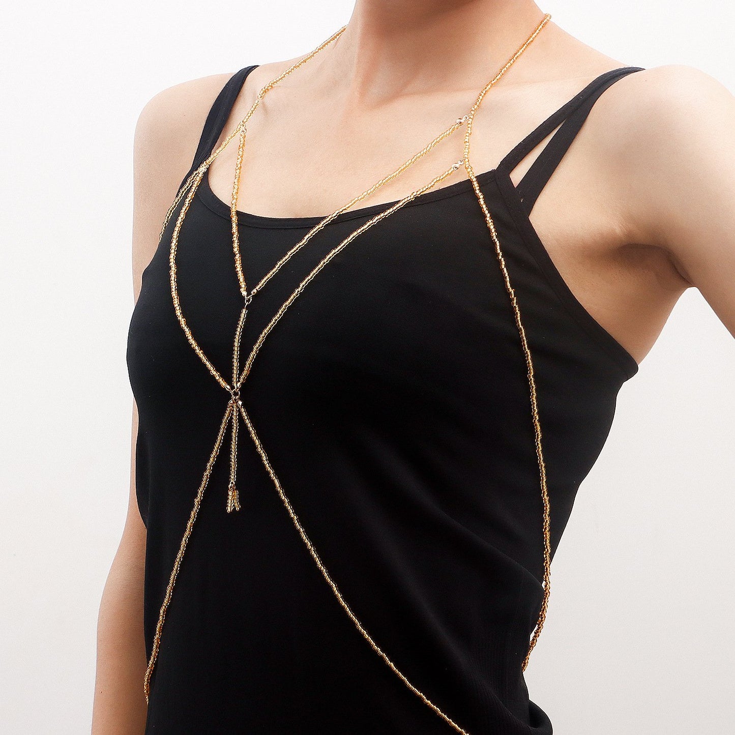 Ins hot girl transparent yellow rice beads body chain chest jewelry summer rice beads waist chain female