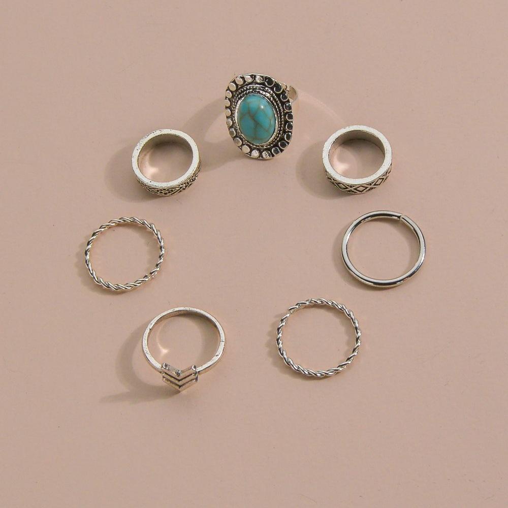 Vintage Ethnic Turquoise Ring Fashion Alloy Multi-Piece Knuckle Ring Finger Ring Accessories
