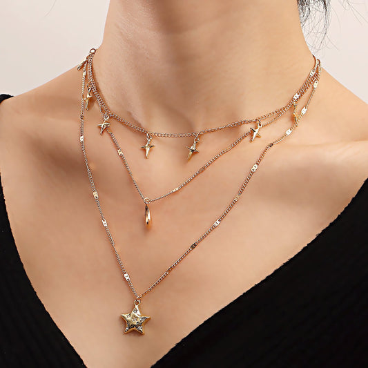 Jewelry retro fashion multi-layer five-pointed star pendant necklace exquisite crescent sweater chain versatile accessories