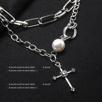 Cross double layered necklace female ins hip hop indifferent neck chain year temperament clavicle chain