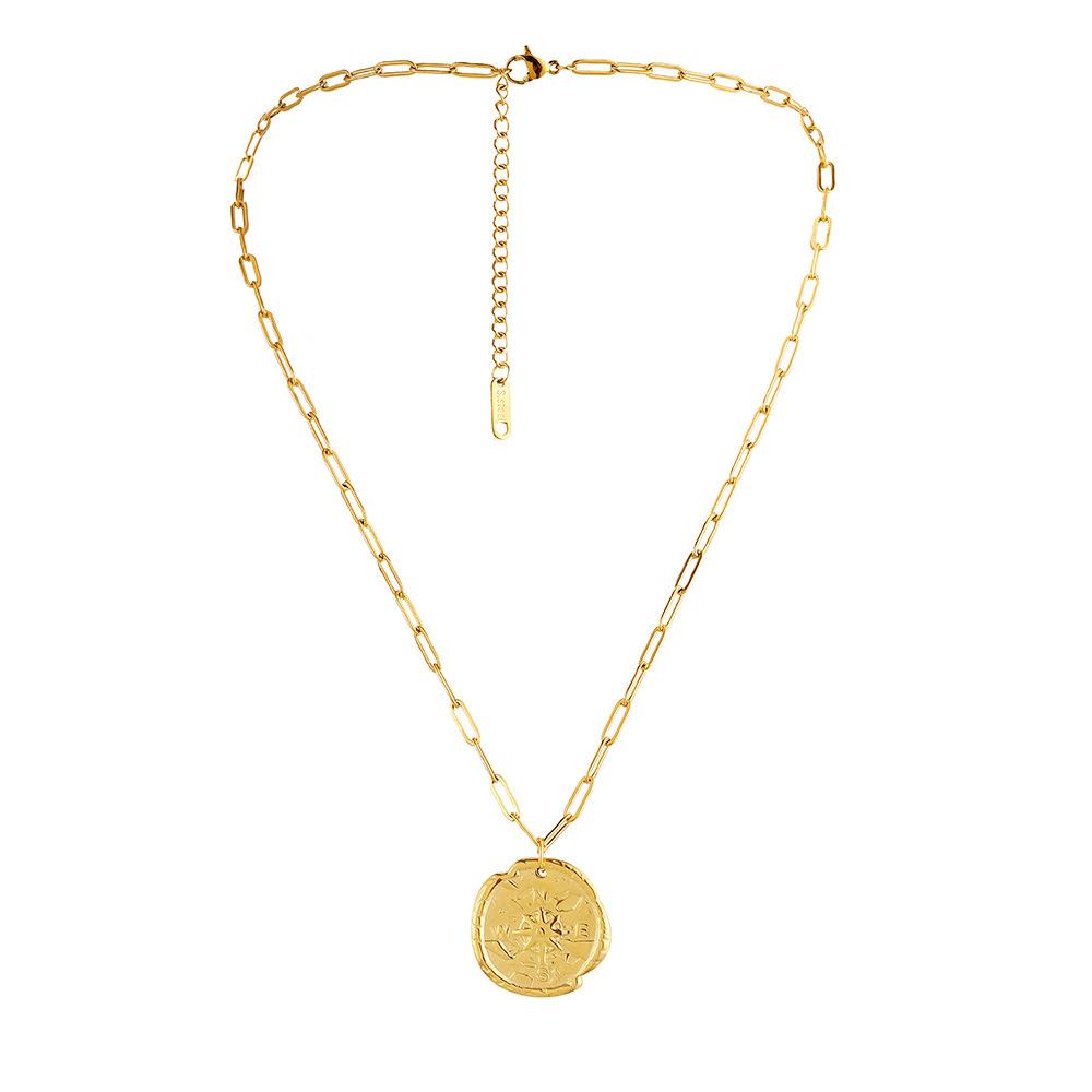 Versatile Stainless Steel Gold Round Coin Vintage Compass Necklace Original Design Female