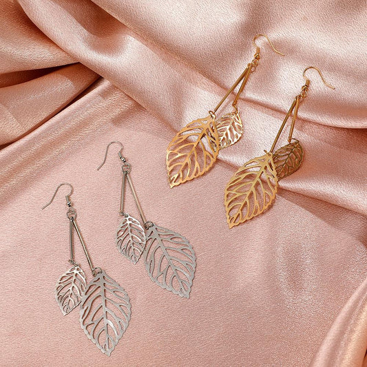 Temperament Hollow Leaf Earrings Exaggerated Metal Long Tassel Earrings Mori Retro Ear Jewelry Women