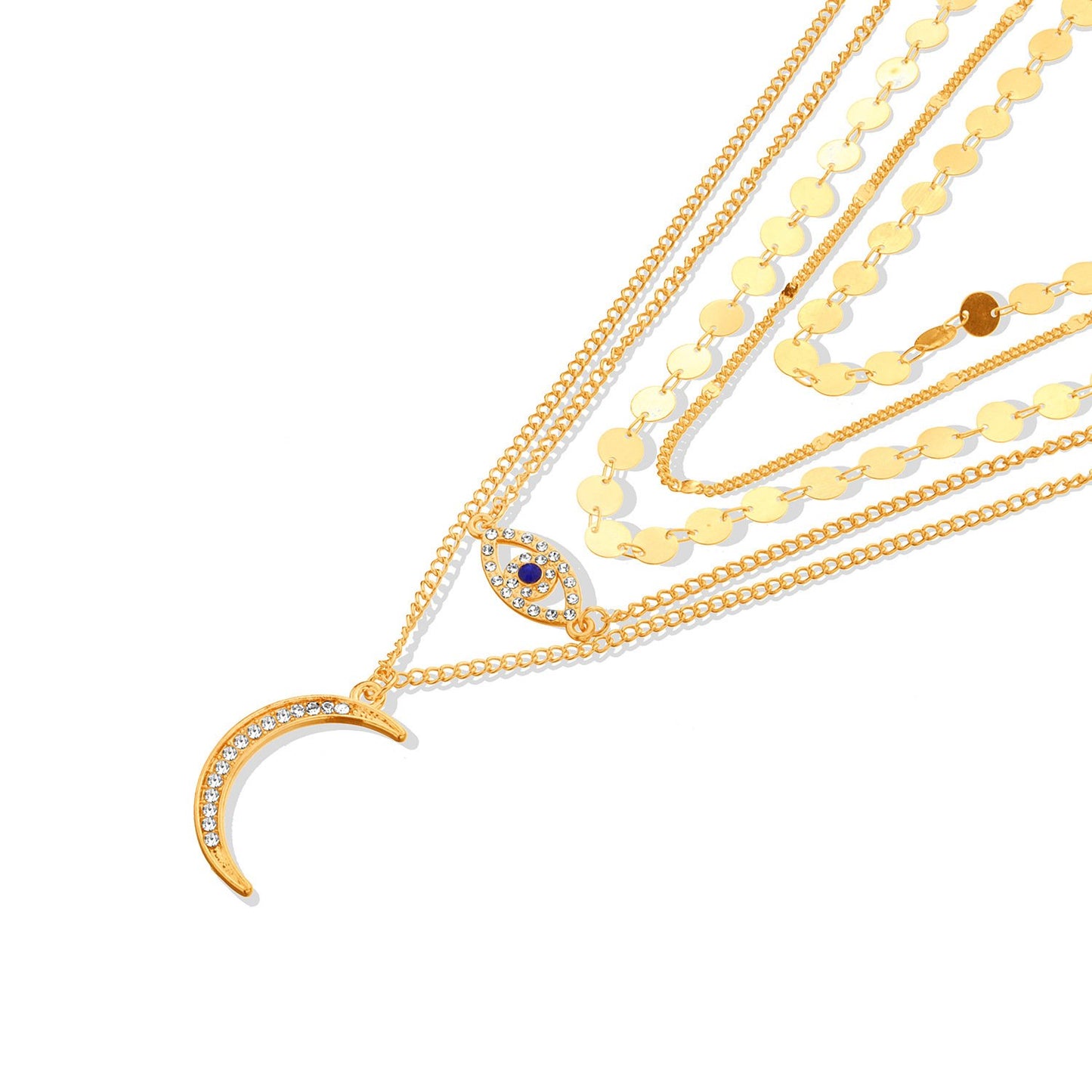 Jewelry Fashion Diamond Crescent Pendant Necklace Female Retro Multi-layer Round Geometric Sequins Necklace