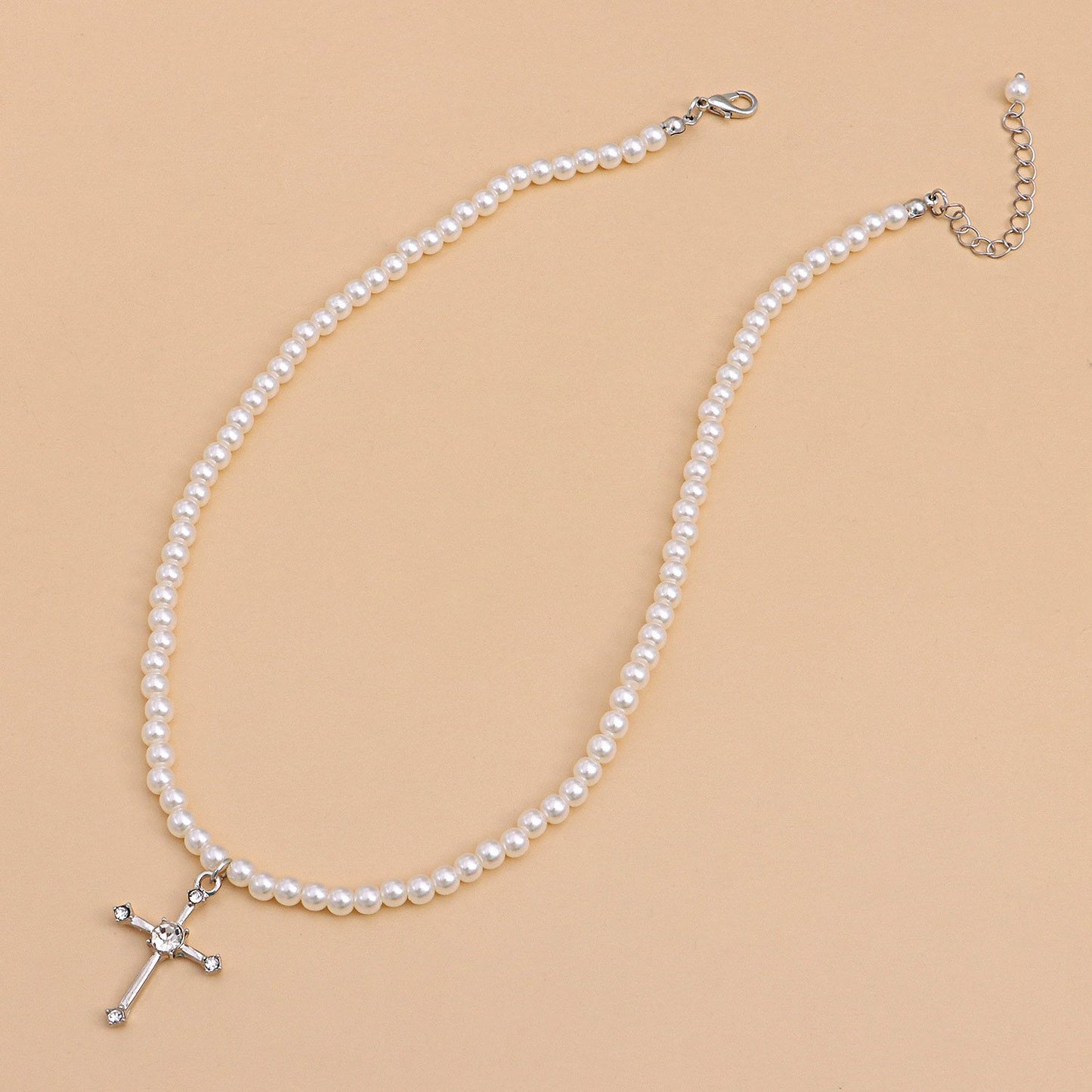 Jewelry Micro-inlaid Zircon Cross Pendant Necklace Handmade Beaded Pearl Necklace Clavicle Chain