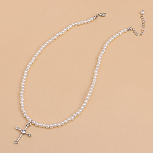Jewelry Micro-inlaid Zircon Cross Pendant Necklace Handmade Beaded Pearl Necklace Clavicle Chain