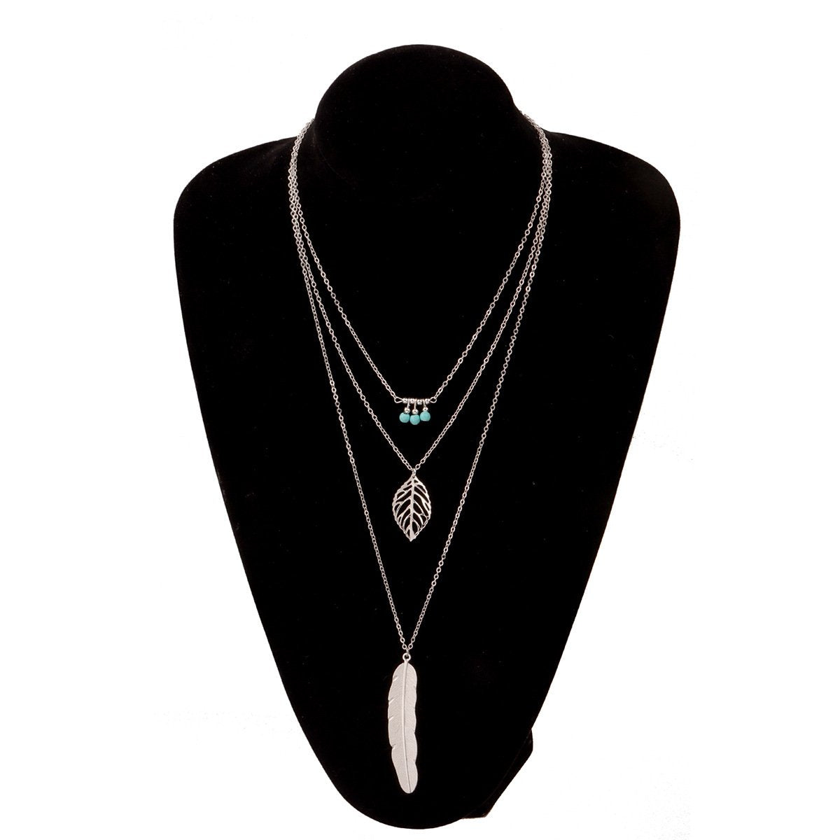 Women's Necklace Multilayer Jewelry Fashion Versatile Turquoise Leaves Handmade Beaded Feather Pendant Necklace
