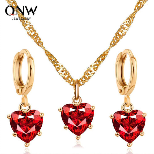 Set Jewelry Temperament Classic Crystal Zircon Heart Necklace Earrings Wedding Dinner Accessories